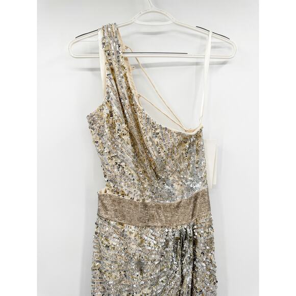 Mac Duggal 5687 Nude Silver Sequin Beaded Lace Up One Shoulder Formal Gown 8 - Picture 9 of 9